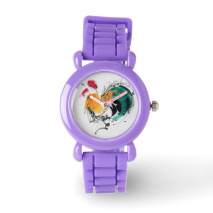 Farbenfrohe Rooster. Kalligraphie und Aquarellfarb Armbanduhr