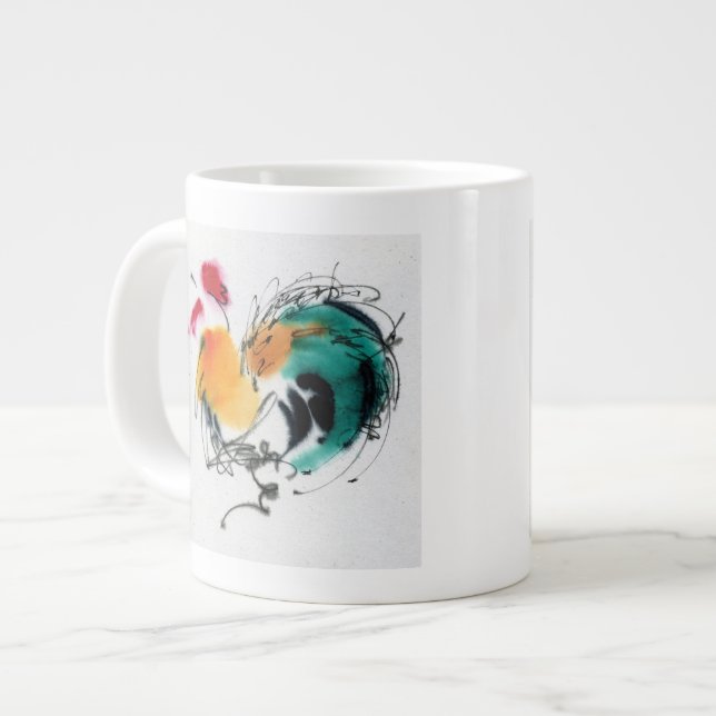 Farbenfrohe Rooster. Kalligraphie und Aquarellfarb Jumbo-Tasse (Vorderseite Links)