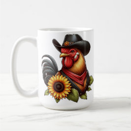 Farbenfrohe Rooster mit Cowboy-Hut und Sonnenblume Kaffeetasse