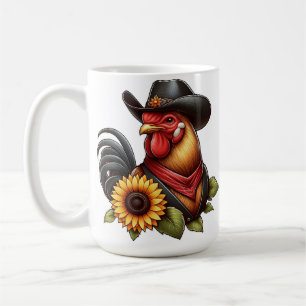 Farbenfrohe Rooster mit Cowboy-Hut und Sonnenblume Kaffeetasse