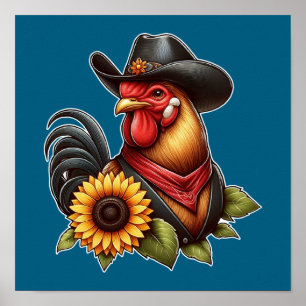 Farbenfrohe Rooster mit Cowboy-Hut und Sonnenblume Poster