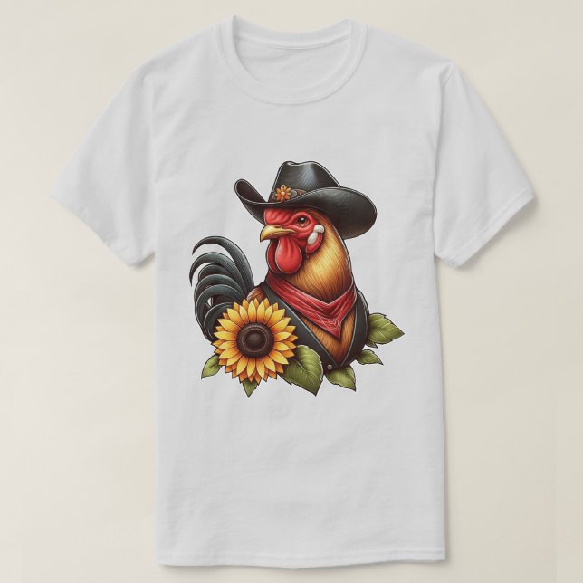 Farbenfrohe Rooster mit Cowboy-Hut und Sonnenblume T-Shirt (Design vorne)