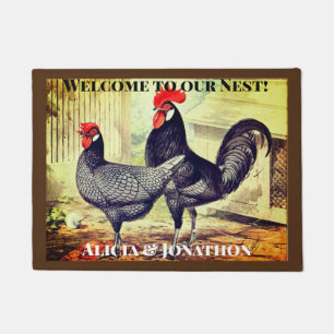 Farbenfrohe Rooster und Hen Willkommen in unserem Fußmatte