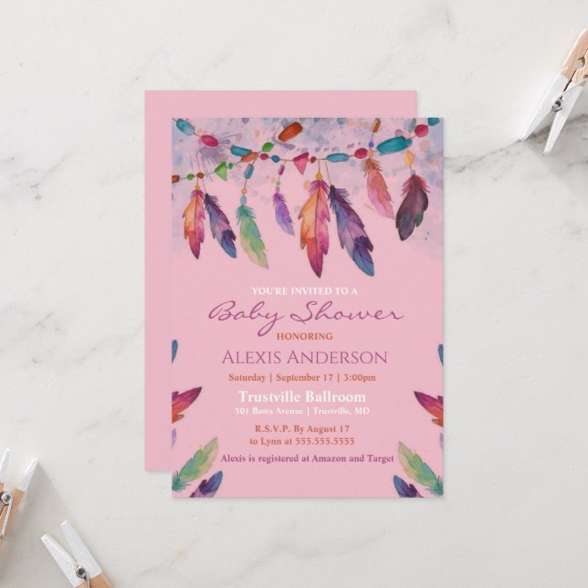 Farbenfrohe rosa Aquarelldusche Kinderdusche Einladung (Vorderseite/Rückseite Beispiel)