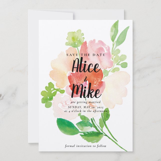 Farbenfrohe Rosa Aquarellfarben Bläserner Frühling Save The Date (Vorderseite)