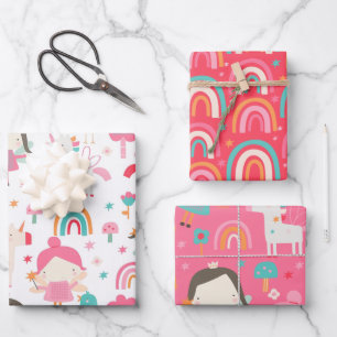 Farbenfrohe rosa Fee und Regenbogenmuster Geschenkpapier Set
