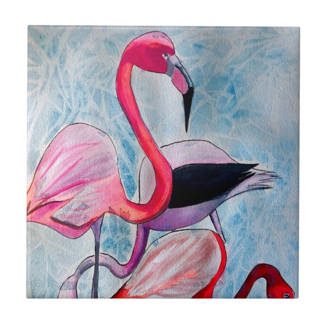 Farbenfrohe rosa Flamingo Aquarellkunst Fliese (Vorderseite)