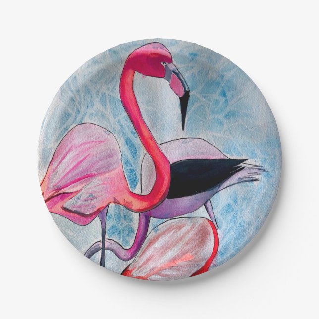 Farbenfrohe rosa Flamingo Aquarellkunst Pappteller (Vorderseite)