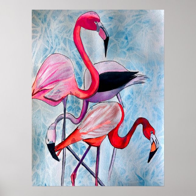 Farbenfrohe rosa Flamingo Aquarellkunst Poster (Vorne)