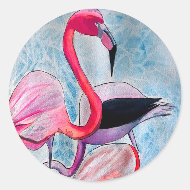 Farbenfrohe rosa Flamingo Aquarellkunst Runder Aufkleber (Vorderseite)