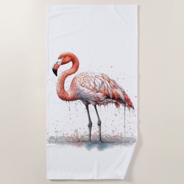 Farbenfrohe rosa Flamingo im Pointillismus-Stil Strandtuch (Vorderseite)
