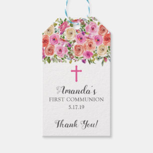 Farbenfrohe rosa florale Heilige Kommune Gunst Tag Geschenkanhänger