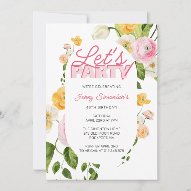 Farbenfrohe Rosa Gelbe Frühlingsblumen 40. Geburts Einladung (Vorderseite)