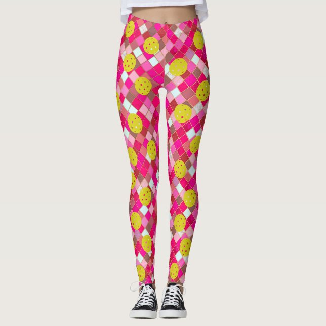 Farbenfrohe rosa geometrische Diamant Fun Pickleba Leggings (Vorderseite)