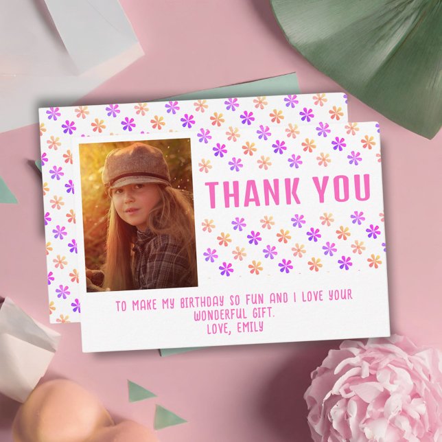 Farbenfrohe Rosa Glitzer Blume Geburtstag Girl Fot Dankeskarte (Von Creator hochgeladen)