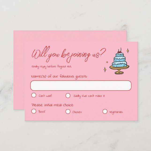 Farbenfrohe Rosa Hand Drawn Funky Writing Wedding RSVP Karte (Vorne/Hinten)