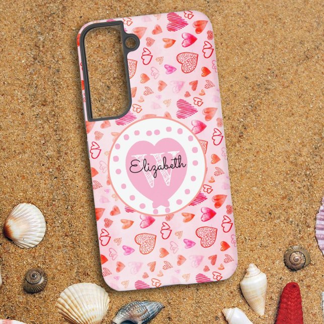 Farbenfrohe rosa Herzmuster Monogramm weißes Herz Samsung Galaxy Hülle (Personalize case for your new phone or as a sweet custom gift. Available for other phone styles.)