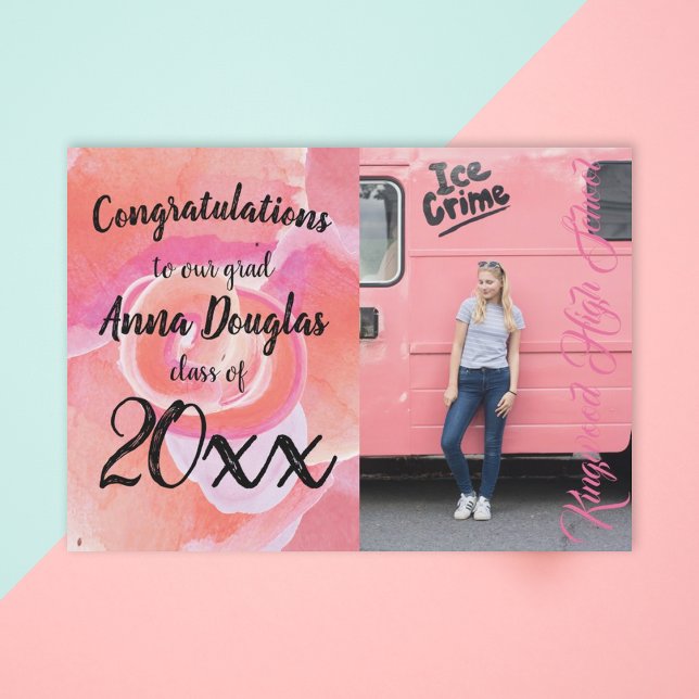 Farbenfrohe Rosa Korallen Abschluss Ankündigung (coral pink rose black congratulations grad cute photo card party invitation colorful girlie graduate)