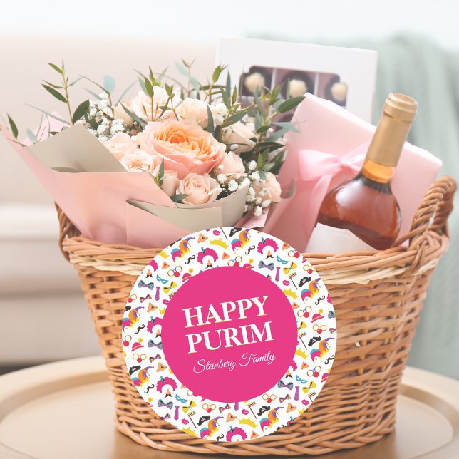 Farbenfrohe rosa Mishloach Manot Happy Purim Stick Runder Aufkleber (Von Creator hochgeladen)