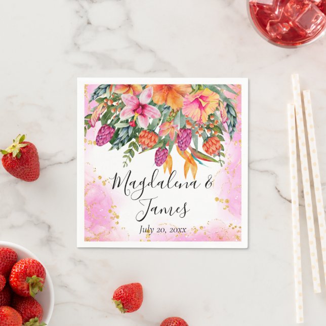 Farbenfrohe, rosa orangefarbene tropische Blume Ho Serviette (Beispiel)