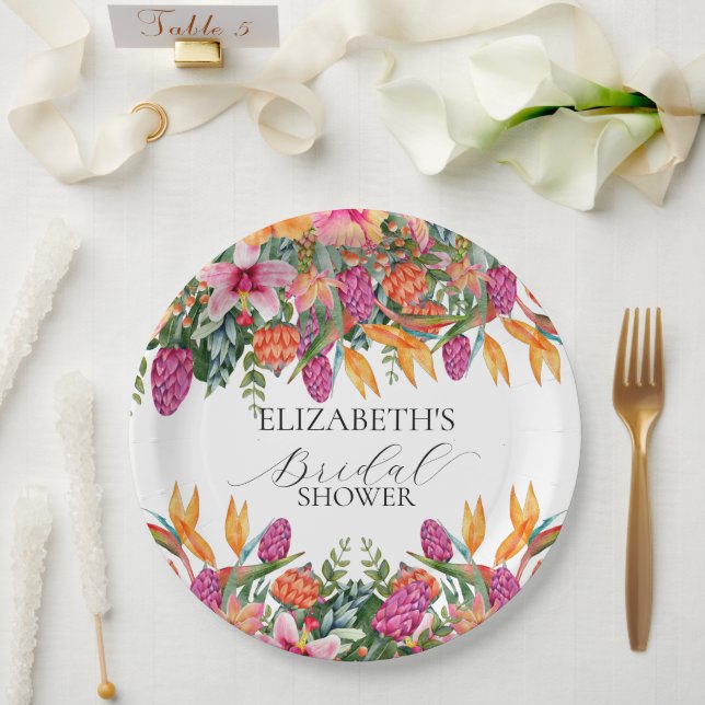 Farbenfrohe rosa orangefarbenes tropisches Brautpa Pappteller (Hochzeit)