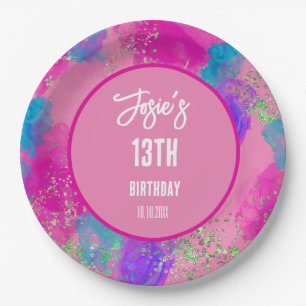 Farbenfrohe rosa Paint Splash Geburtstag Pappteller