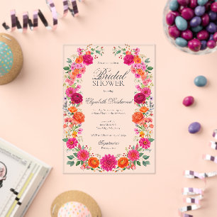 Farbenfrohe rosa und orangefarbene florale Hochzei Acryleinladungen