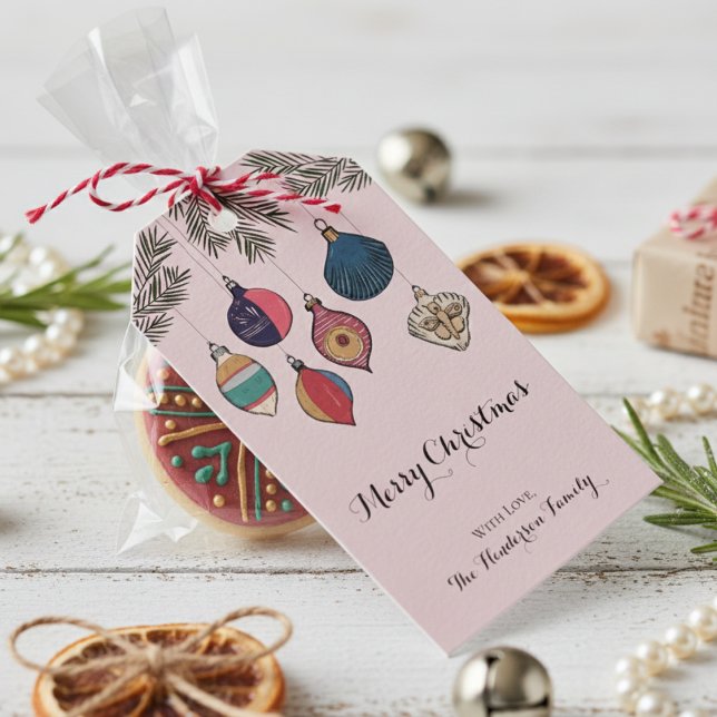 Farbenfrohe rosa Vintage Weihnachtsschmuck Geschenkanhänger (Elegant Rustic Blush Pink Vintage Christmas Ornament Gift Tags. Simple Red Gold Ornaments, Greenery)