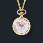 Farbenfrohe Rose Hochzeit mit floralen Wasserfarbe Armbanduhr<br><div class="desc">Personalisierte Hochzeitsuhr mit einem fantasievollen Blumenstrauß mit Aquarellfarben-Rose. Stilvoll,  skurril und kreativ. Ein Bündel von Rose in Rosa,  lila und Gelb. Mit viel Grün und Blätter in Grün,  Rosa,  lila und Blau. Hintergrund ist eine cremefarbene Champagnerfarbe. 2 goldene Hochzeitsringe unter dem Text platziert.</div>
