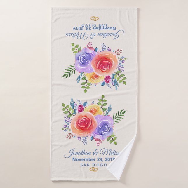 Farbenfrohe Rose Hochzeit mit floralen Wasserfarbe Badhandtuch Set (Badehandtuch)