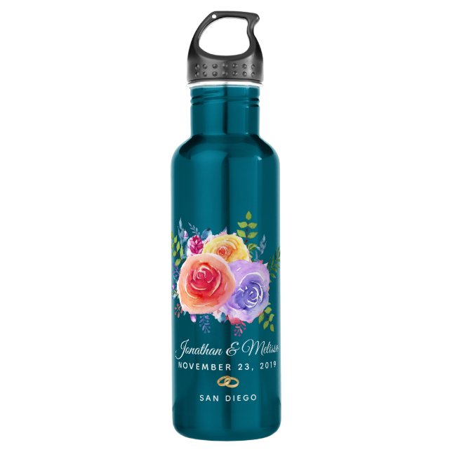 Farbenfrohe Rose Hochzeit mit floralen Wasserfarbe Edelstahlflasche (Vorderseite)