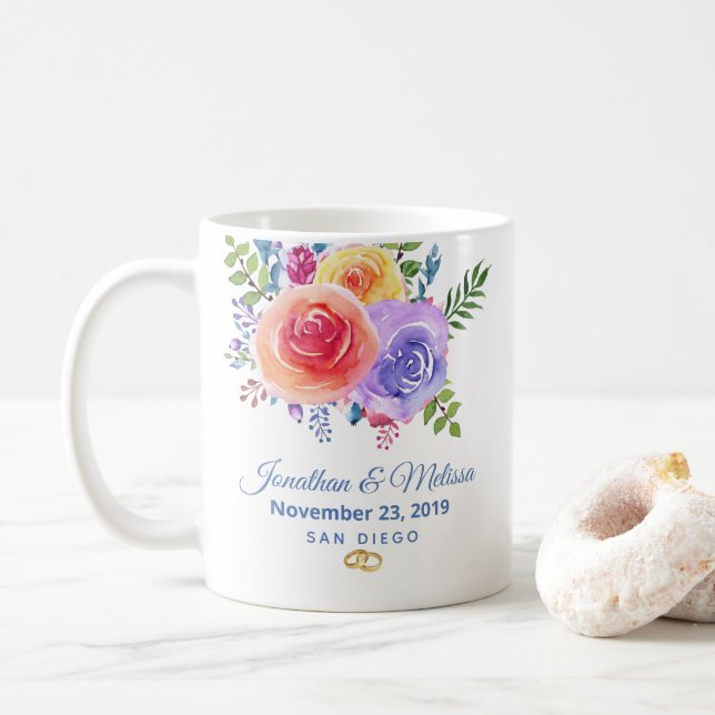 Farbenfrohe Rose Hochzeit mit floralen Wasserfarbe Kaffeetasse (Mit Donut)