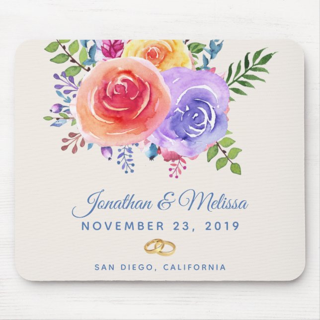 Farbenfrohe Rose Hochzeit mit floralen Wasserfarbe Mousepad (Vorne)