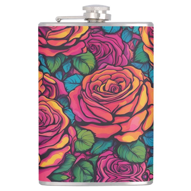 Farbenfrohe Rose Psychedelisch Helle Blume Retro Flachmann (Vorderseite)