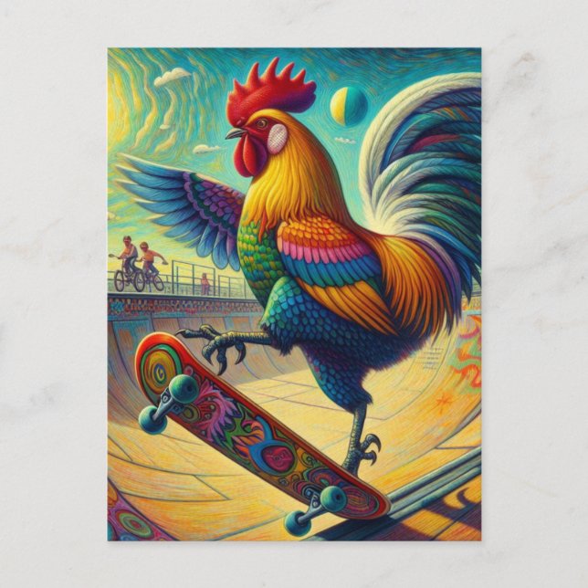 Farbenfrohe Roster-Skateboarding Postkarte (Vorderseite)