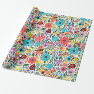 Farbenfrohe Rot-Blau-Blume und Ladybugs Geschenkpapier