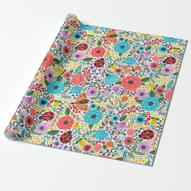 Farbenfrohe Rot-Blau-Blume und Ladybugs Geschenkpapier (Ungerollt)