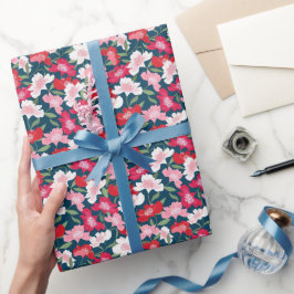 Farbenfrohe rote Blumenmuster Blau Geschenkpapier