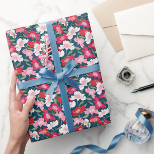 Farbenfrohe rote Blumenmuster Blau Geschenkpapier