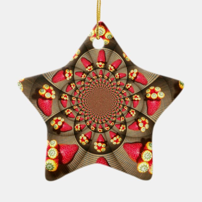 Farbenfrohe Rote Freude: Strawberry Kaleidoskop Ku Keramikornament (Vorne)