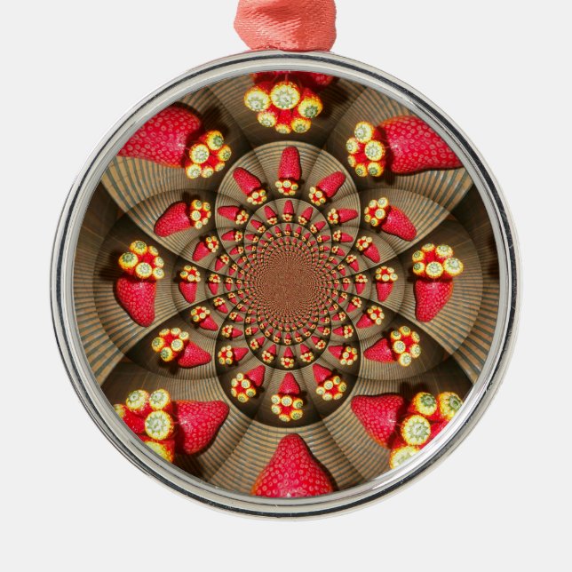 Farbenfrohe Rote Freude: Strawberry Kaleidoskop Ku Silbernes Ornament (Vorne)