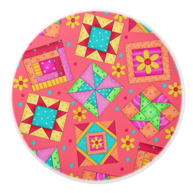 Farbenfrohe rote Korallen Quilt Patchwork Block Ku Keramikknauf (Vorderseite)