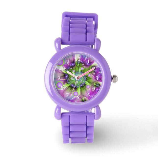 Farbenfrohe Rundformen Abstraktes Fraktal Kunst, D Armbanduhr (Vorderseite)