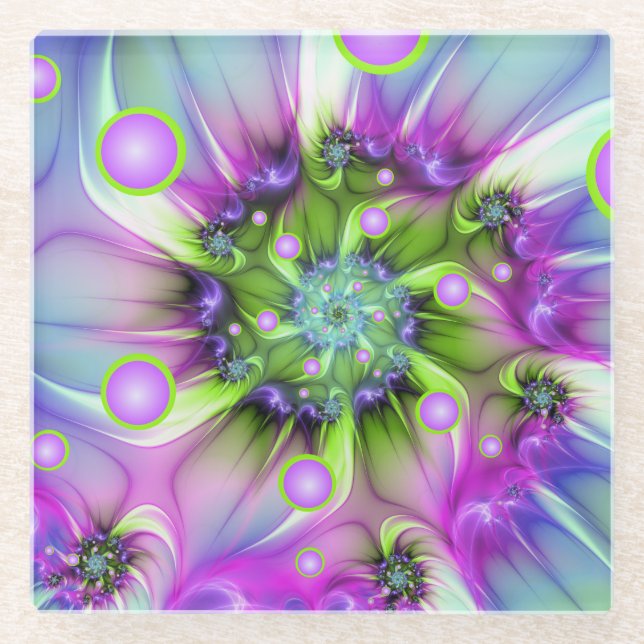 Farbenfrohe Rundformen Abstraktes Fraktal Kunst, D Glasuntersetzer (Vorderseite)