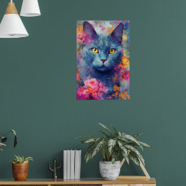 Farbenfrohe russische Blaue Katze Kunst Poster