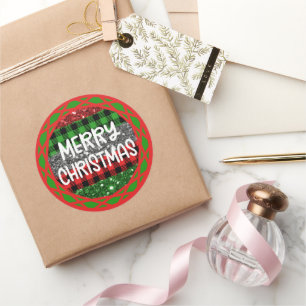 Farbenfrohe Rustikale Retro Weihnachten Kariert & Runder Aufkleber