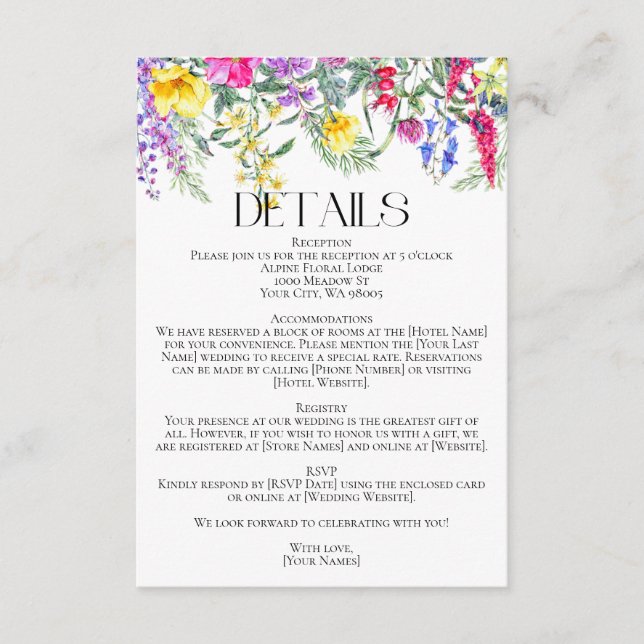 Farbenfrohe rustikale Wildblumen Kräuter Hochzeite Begleitkarte (Vorderseite)