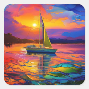 Farbenfrohe Sailboat AI ART Quadratischer Aufkleber