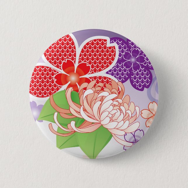 Farbenfrohe Sakura und Dahlia Kimono: Button (Vorderseite)