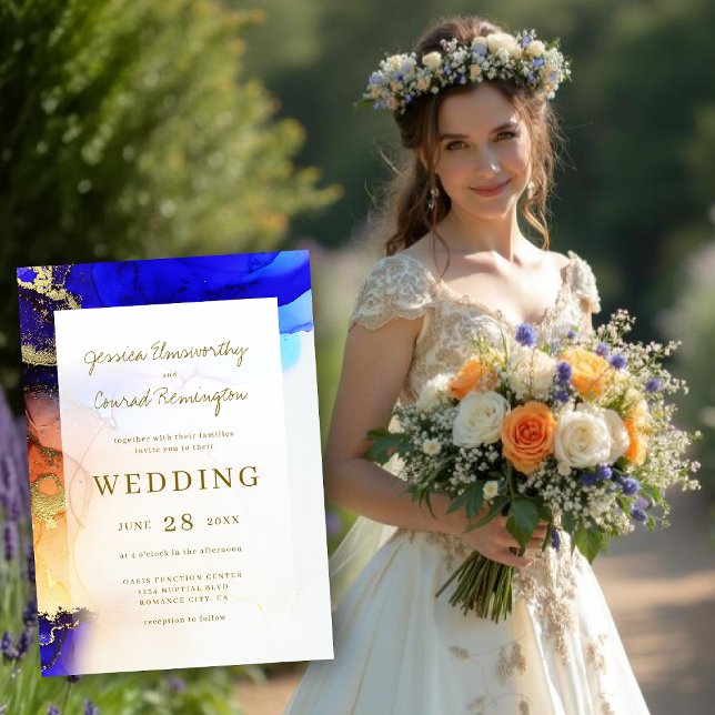 Farbenfrohe Sapphire Blue Gold Orange Wedding Einladung (Colorful Sapphire Blue Gold Orange Wedding Invitation. Model is AI Gen. )
